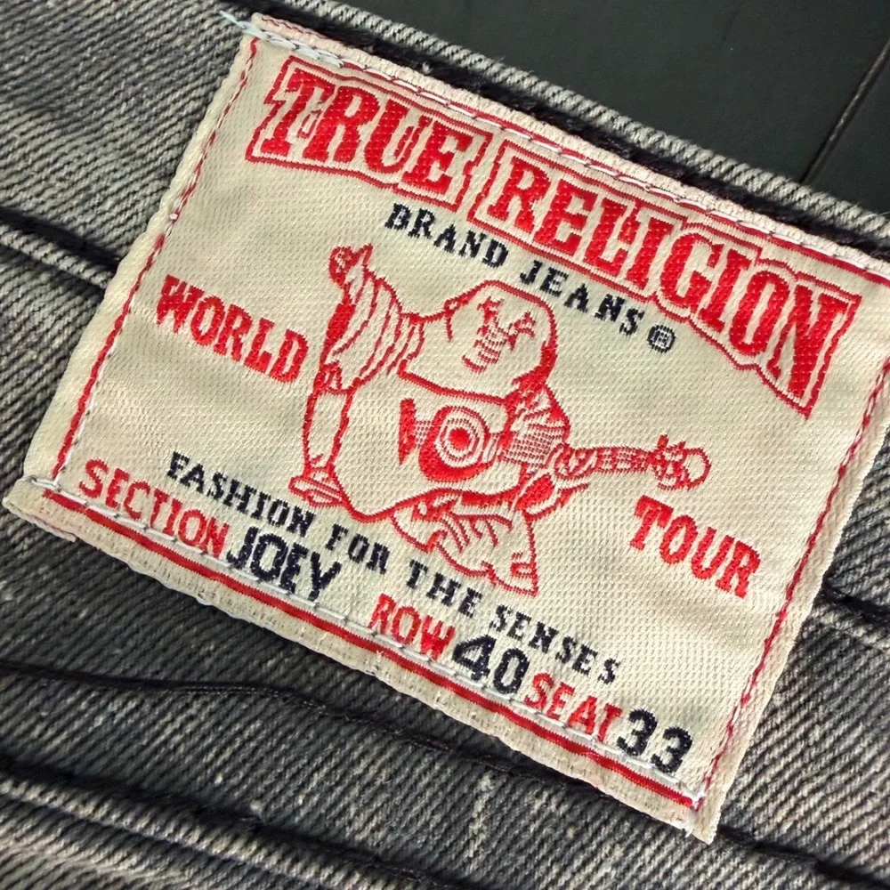 True Religion Joey Mens Gray Acid Wash Black Triple Stitch Jeans Size 40x33 USA